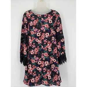 Altar'd State Dress XS Black Floral Print Long Crochet Trim Sleeves Shift Lined